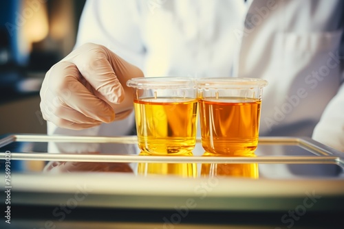 A medical facility providing a urine sample for analysis, illustrating the routine nature of urine testing in healthcare settings