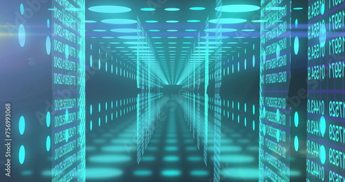 Image of binary coding and data processing over neon tunnel