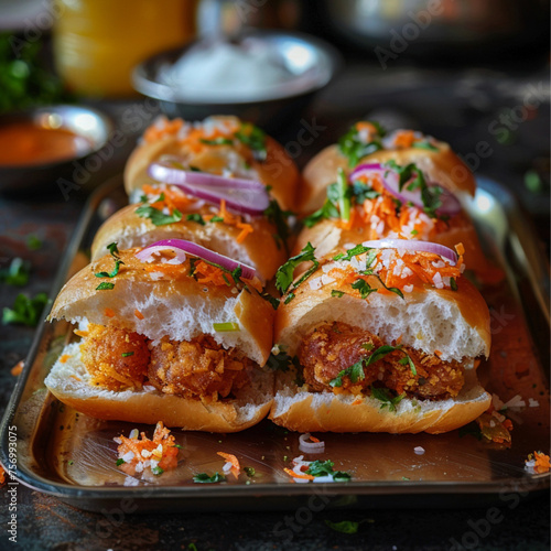 a plate of 5 crunchy vada pav from the street food of mumbai . make it side view and appetizing