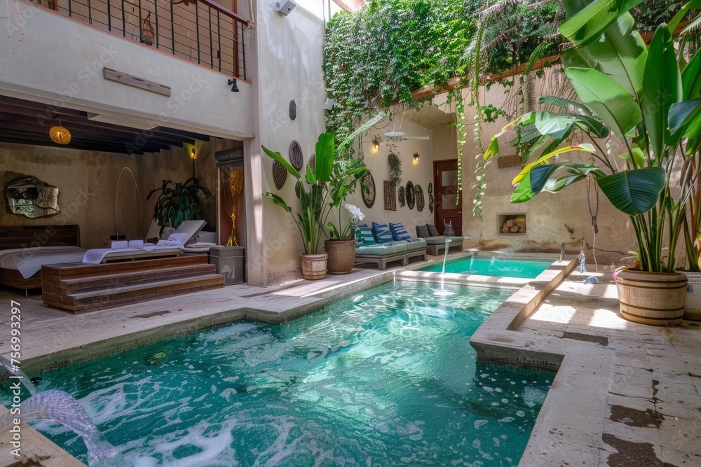 A Luxurious Outdoor Pool in a Serene, Green Courtyard Oasis.