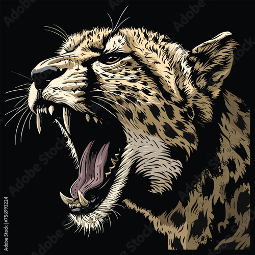 Furious cheetah roaring fiercely, depicted against a black backdrop, vector illustration