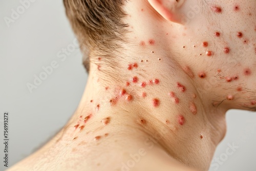 
Close-up photo of acne breakouts on the back and shoulders, common areas for body acne. photo