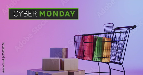 Image of cyber monday text over shopping trolley, bags and boxes