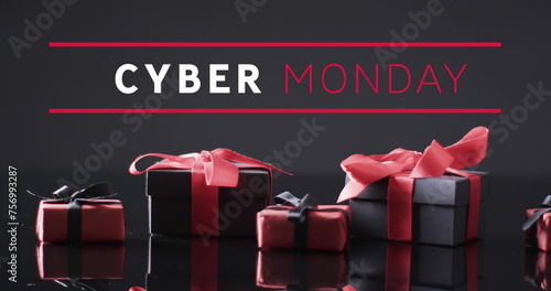 Image of cyber monday text over gift boxes