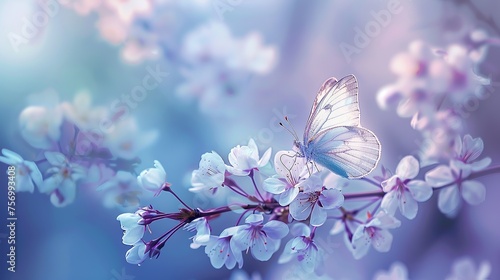 Weißer Schmetterling auf blühenden Kirschast, White butterfly on a flowering cherry branch photo