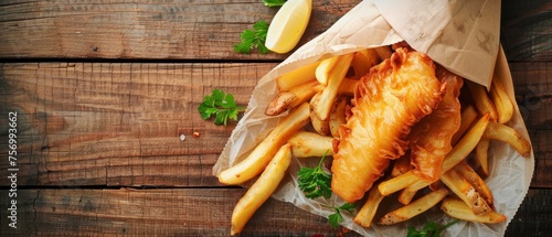 Fish and chips served in paper on a table photo