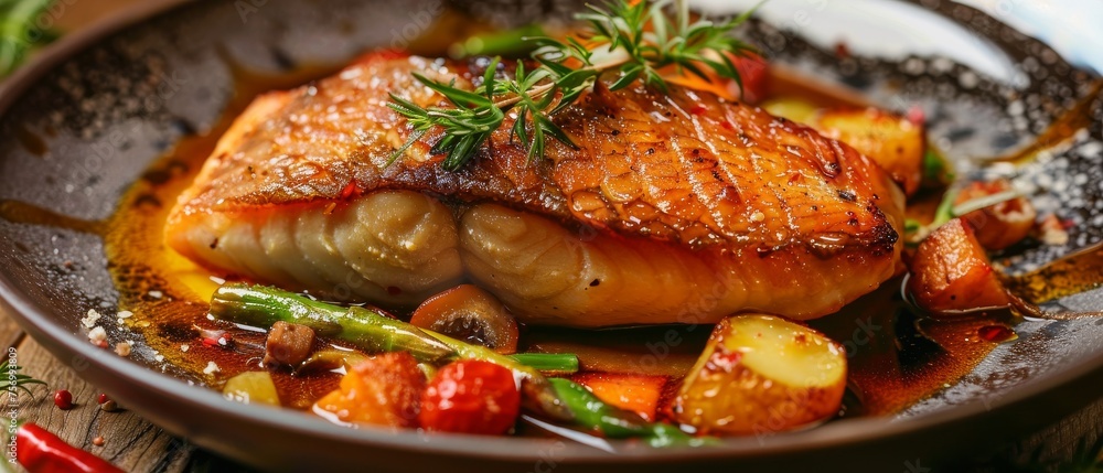 Fish meal fish fillet with sauce and veggies Fish meal fish fillet with sauce and veggies