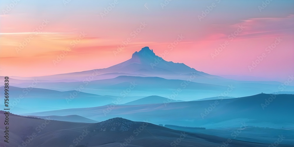 Stunning Artistic Landscape: Lone Mountain Beneath Vibrant Gradient Sky. Concept Mountain Landscapes, Vibrant Skies, Artistic Photography, Nature Scenes, Colorful Sunsets