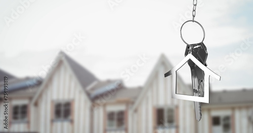Image of silver house keys and house shaped key fob hanging over clouded sky and out of focus houses