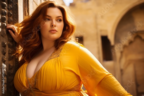 Portrait of a beautiful plus-size female model, age 29, Middle Eastern, in elegant casual wear, with an ancient city’s architecture in the background © Hanna Haradzetska
