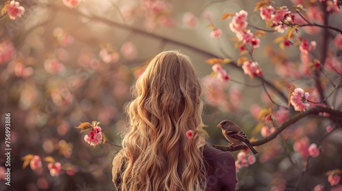 Blonde Hair Girl Connecting with American Sparrow Amid Cherry Blossoms at Golden Hour photo