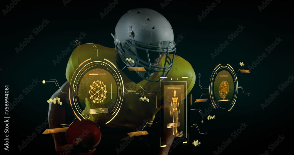 Image of data processing over african american male american football player