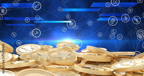 Image of digital icons over stacks of gold yen coins on blue background