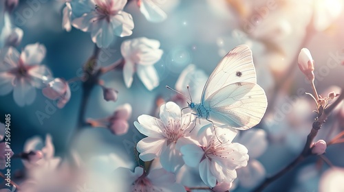 Weißer Schmetterling auf blühenden Kirschast, White butterfly on a flowering cherry branch © Gabi D