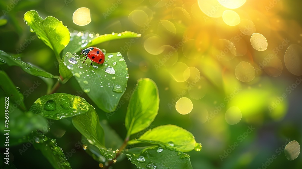 Tropfen Morgentau und Marienkäfer auf jungen saftigen frischen grünen Blättern , Drops of morning dew and ladybugs on young juicy fresh green leaves - obrazy, fototapety, plakaty 