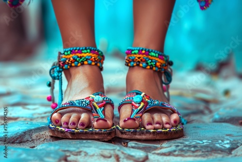  Photo of a woman's feet in sandals, showcasing a pedicure with intricate patterns and vibrant nail colors.