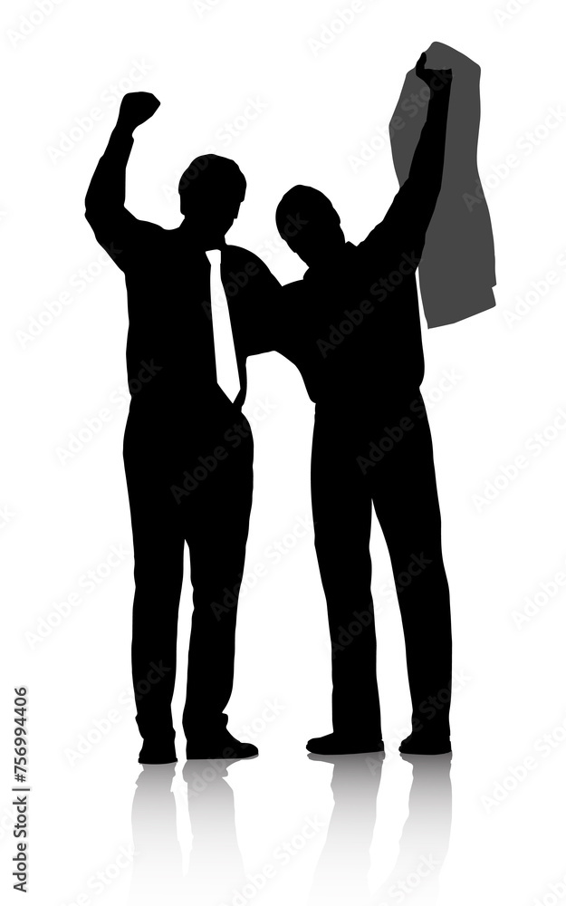 Abstract, silhouette and winner business people isolated on white background for work. Art, success or motivation with icon of colleague men cheering victory for professional career or occupation