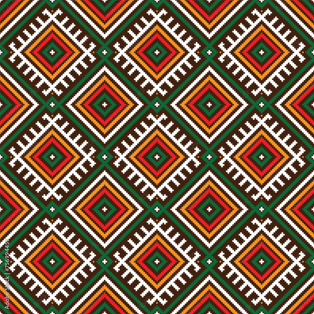 Seamless ethnic pattern in the style of embroidery. The pattern features colorful geometric shapes, including squares, triangles, and diamonds, arranged in rows on a white background. Seamless ethnic pattern in the style of embroidery. The pattern features colorful geometric shapes, including squares, triangles, and diamonds, arranged in rows on a white background.