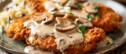 Fried chicken breast with mushroom sauce on plate