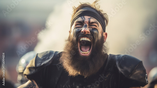 American football player celebrating victory and touchdown. Emotional celebration of winning the game.