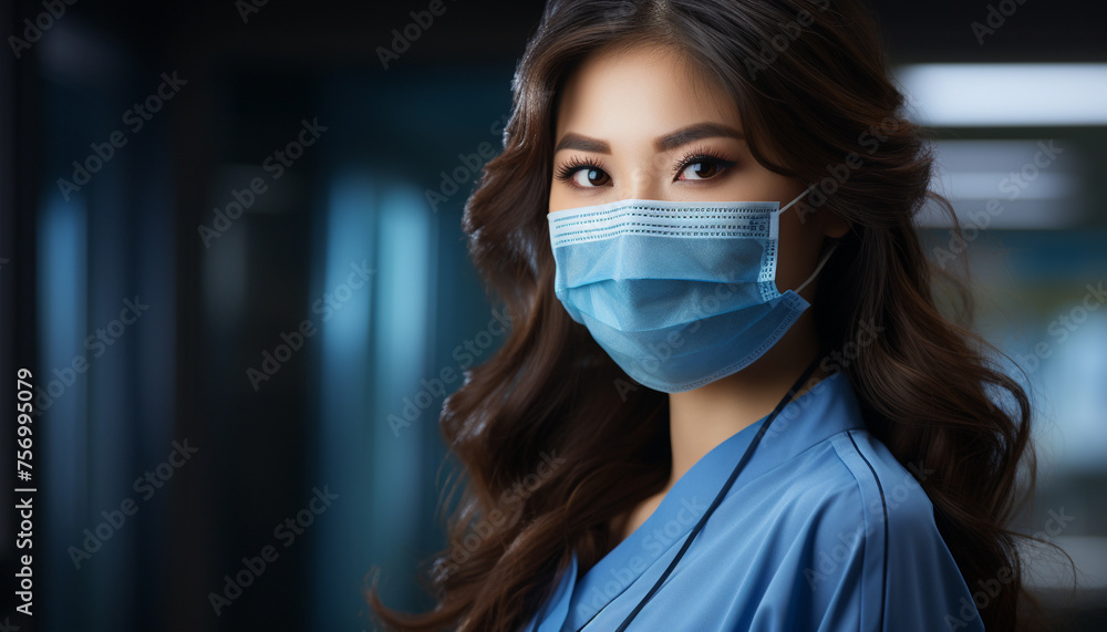 Portrait of a woman in a medical mask.