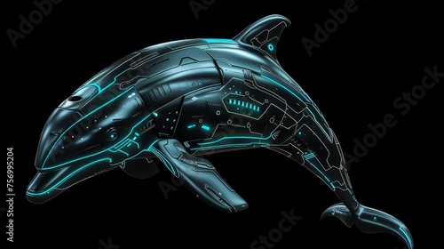 Illustration of a Cybernetic Robot dolphin with Futuristic Military Design, Isolated on a Black Background.