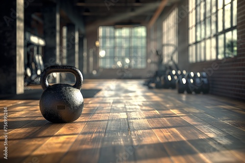 Single kettlebell on gym floor in sunlight, representing strength training and fitness concept photo