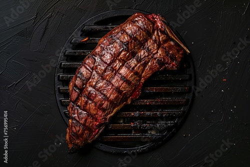 Grilled tri tip beef steak with BBQ on black background top view