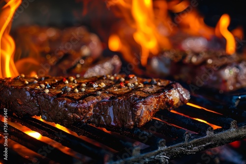Grilling beef steaks with flames