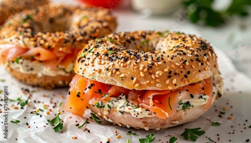 Halved everything bagel with lox cream cheese spread on white background