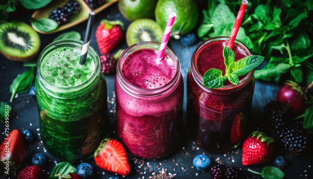 Healthy detoxifying and diet focused smoothies in vibrant green purple and red hues Healthy detoxifying and diet focused smoothies in vibrant green purple and red hues