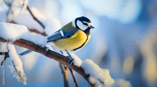 A great tit (Parus major) sits on a branch.