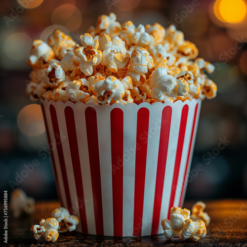 Close up image of a red and white striped popcorn cup with lots of popcorn in a movie theater generative AI  ai technology