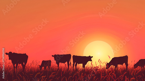 Cows Grazing in Sunset Field with Ample Copy Space, Isolated Background for Farming and Agricultural Concepts, Generative AI