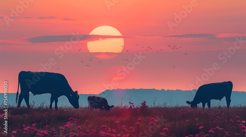 Cows Grazing in Sunset Field with Ample Copy Space, Isolated Background for Farming and Agricultural Concepts, Generative AI   © Muskan