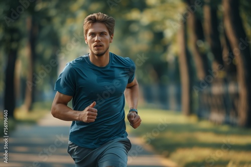 Focused young man jogging in a park, concept of health and fitness in nature