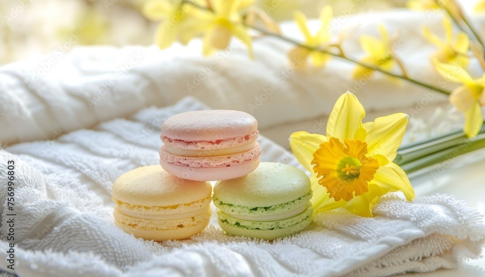 Macarons with vibrant colors beside yellow flowers and narcissus on a towel