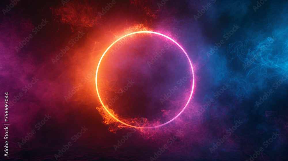 abstract neon light ring on dark night sky. Glowing round frame abstract neon light ring on dark night sky. Glowing round frame