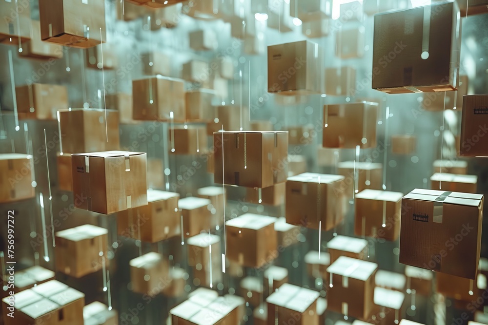 A futuristic scene with boxes moving along a conveyor belt. Logistic concept A futuristic scene with boxes moving along a conveyor belt. Logistic concept