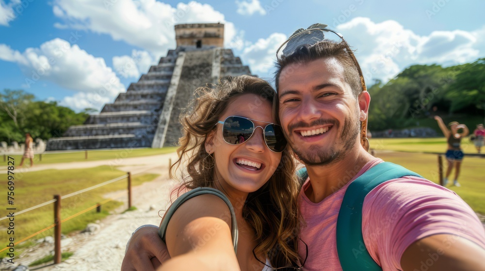 Joyful Pair Capturing Selfie Moment Against the Majestic Background of Chichen Itza, Mexico. Joyful Pair Capturing Selfie Moment Against the Majestic Background of Chichen Itza, Mexico.