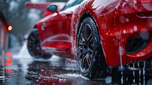 Luxury Automobile Dealer Washing Red Car at Car Wash, Automotive Detailing Service with Clean Vehicle, Professional Car Care Concept, Generative AI   © Muskan
