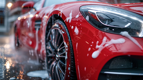 Luxury Automobile Dealer Washing Red Car at Car Wash, Automotive Detailing Service with Clean Vehicle, Professional Car Care Concept, Generative AI   © Muskan