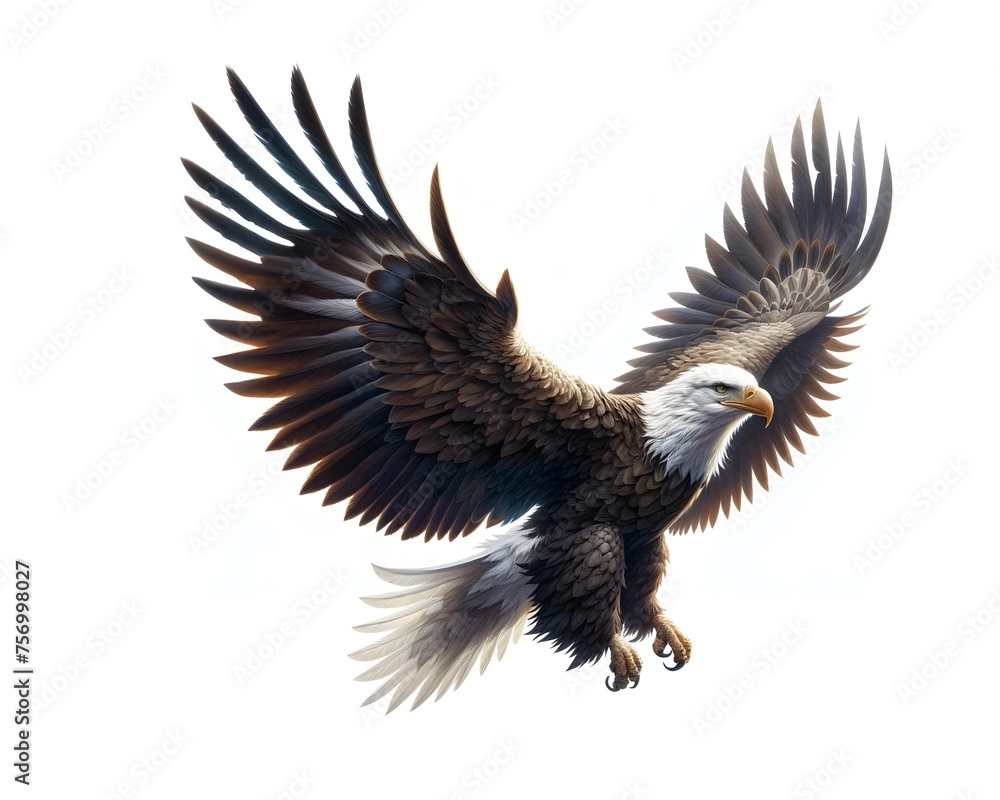Obraz premium Flying Bald Eagle on a White Background