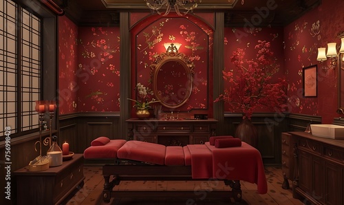 a 3D model of a spa treatment room, influenced by Daz3D aesthetics, with red furniture and walls, enchanting lighting, and a cottagecore essence, all meticulously designed for a warm tonal range photo