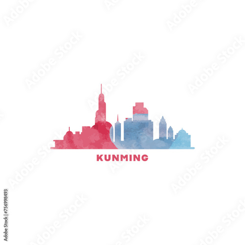 Kunming city watercolor cityscape skyline, panorama vector flat modern logo, icon. China megapolis emblem concept with landmarks and building silhouettes. Isolated graphic