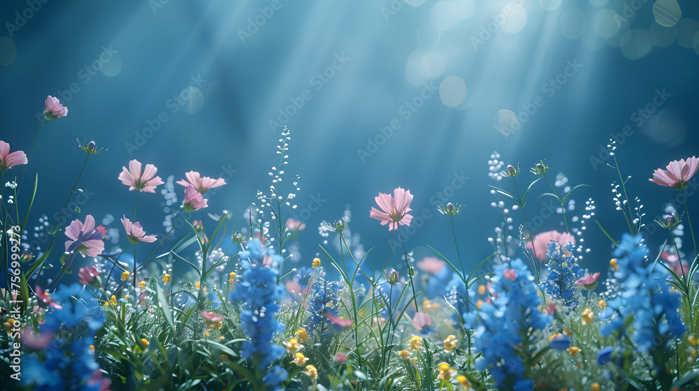 Fantasy Flowers in a Forest Environment with a Blue Hue, Mystical Floral Landscape Amid Woods and Nature Scene, Ethereal Fantasy Forest with Vibrant Blooms and Azure Tones, Generative AI

