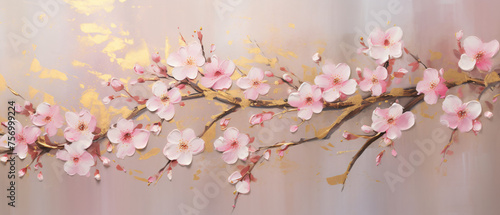 A textured painting of pink cherry blossoms with gold.