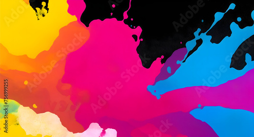 Colorful abstract paint explosion on a black background.  It features a vibrant explosion of paint in various colors