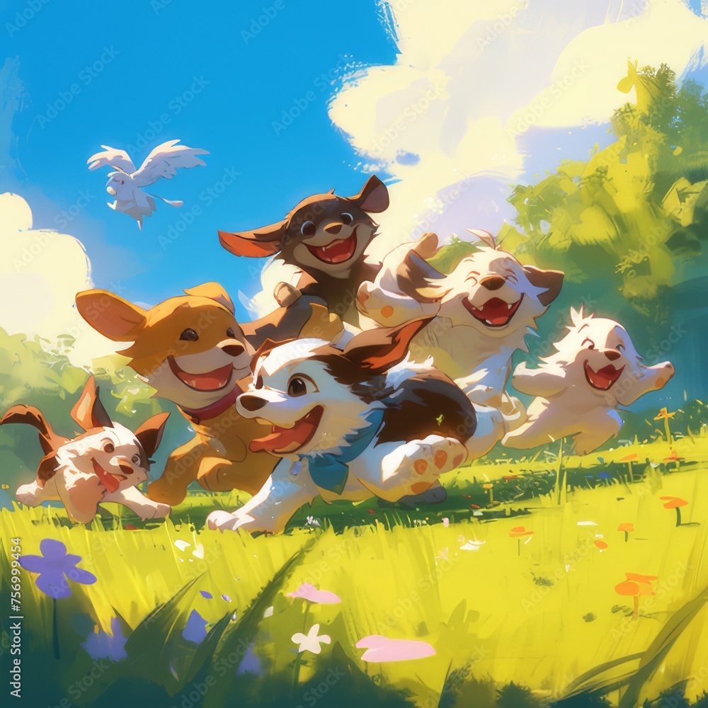 A group of cute puppies having fun in the grass.