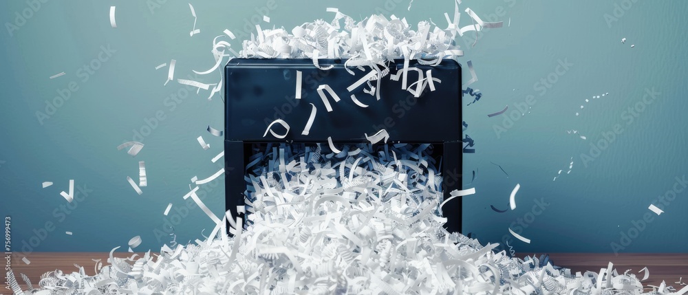 Office shredder filled with shredded paper overflow - obrazy, fototapety, plakaty 